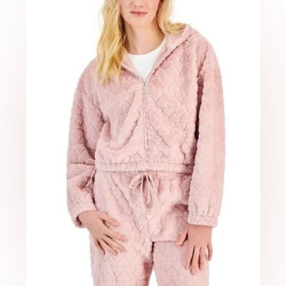 NWOT SET of [Crave Fame] Pink Sherpa Heart Print Zip-Up Hoodie & Pant - Sz M - Picture 4 of 9